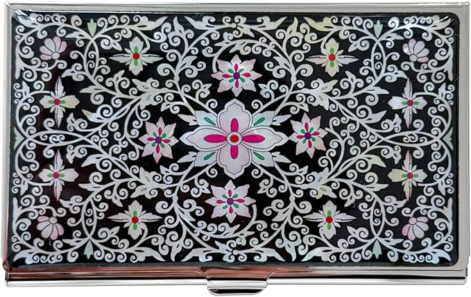 Mother of Pearl Business Card Case Credit Id Name Holder Travel Wallet Art Painting Design Metal Stainless Steel Engraved Slim Purse Pocket Cash Money Wallet (New Arabesque)