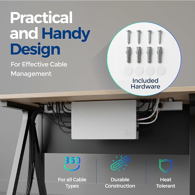 Cable Management Box with Included Mounting Hardware – ABS Cord Organizer (12,7 x 7,8 x 4,5 in) | Heat-Tolerant Power Strip & Cable Storage | Wall-Mountable or Floor Use