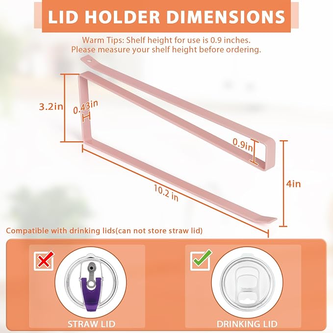Tumbler Lid Organizer, Versatile Tumbler Lid Storage Holds 10 Lids, Pink | Space Saving Cup Lid Organizers Inside Cabinet Tumbler Lid Hook for Kitchen Organizer and Storage, Paper Towel Rack Hanger