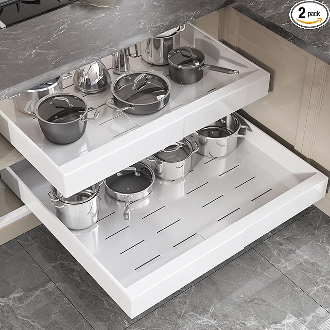 Seinloes 2 Pack Pull Out Cabinet Organizer 24" Deep,Full Extension 3 Slide Rails Slide Out Drawers With Raising Pad for Framed Cabinets,Expandable Width (15.4"-26.2"),No Drill Roll Out shelf,White