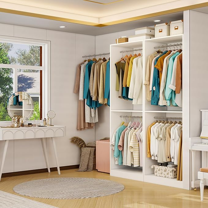 Closet System with 6 Hanging Rods& Shelf, 4FT Small Closet Organizer System Wood with Extra Side Hanging Rod for Walk in Closet Storage, Modular Closet Systems, White(4FT)