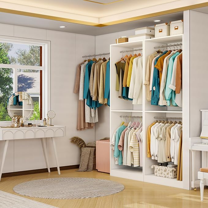 Closet System with 6 Hanging Rods& Shelves , 4FT Small Closet Organizer System Storage Wood with Extra Side Hanging Rod for Walk in Closet, Adjustable Modular Closet Systems Customize, White(4FT)