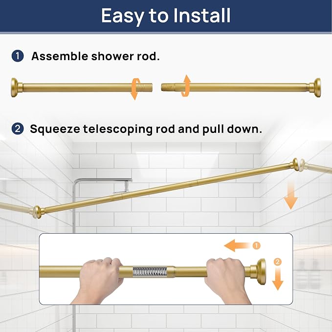 ENJOYBASICS Shower Curtain Rod 30 to 64 Inches, Stainless Steel Adjustable Spring Tension Rods No Drill for Bathroom, Closet, Window, Room Divider, Never Rust, Non Slip, Gold