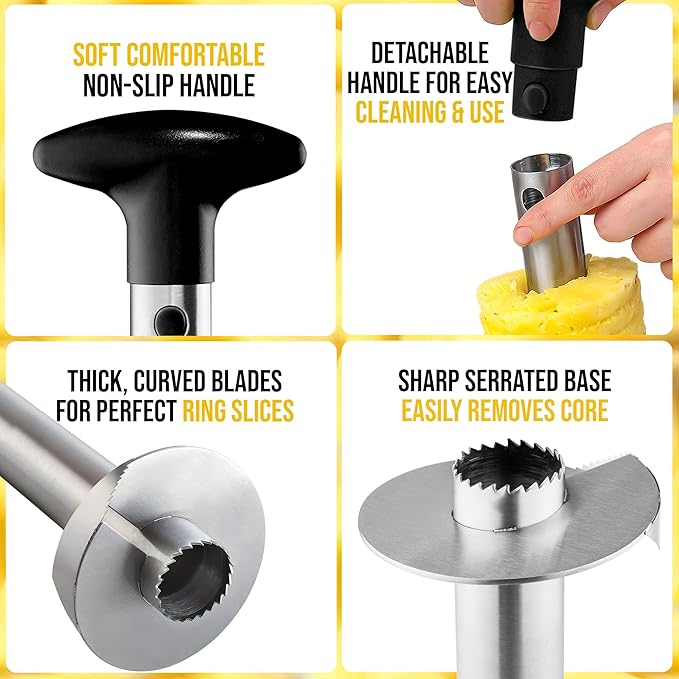Zulay Kitchen Stainless Steel Pineapple Corer & Slicer – Heavy Duty Pineapple Cutter & Eye Removal Tool – Effortless Core Remover Tool with Sharp Reinforced Blade & Ergonomic Handle - Black