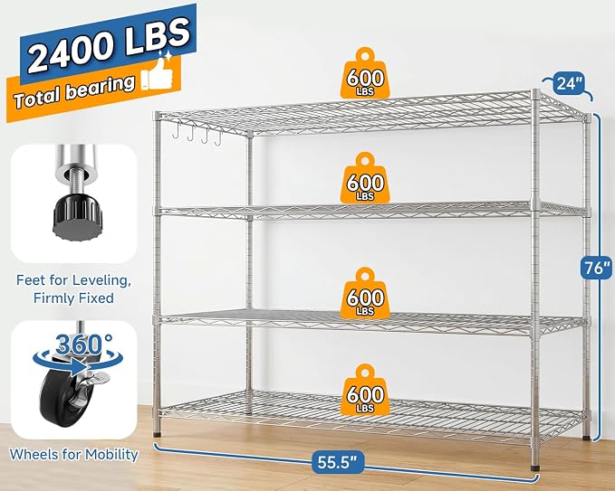 Chrome Storage Shelves with Wheels 55.5" W Garage Shelving Heavy Duty 4 Tier Adjustable Wire Shelving Unit Metal Shelving for Garage Pantry Commercial Basement,55.5" Wx24 Dx76 H 3Pack