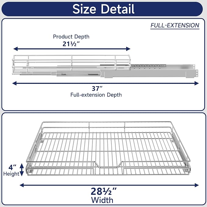 Pull Out Cabinet Organizer, 28.5" W x 21.5" D, Heavy Duty Chrome Slide Out Shelf for Wide Base Cabinets, Sliding Wire Basket Drawer for Pots, Pans, Appliances & Pantry Storage