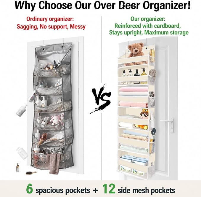 Over The Door Storage Organizer - Hanging Storage Organizer for Pantry Bedroom of Door Organizer 6 Large Pockets 12 Side mesh Pockets and 6 Bottom Panels Beige