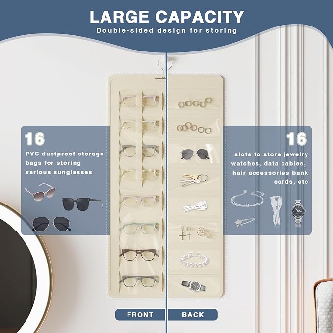 Hanging Sunglasses Organizer and Storage, 32 Slots Jewelry Holder, Beige | Protect eyewear from dust with double-sided clear compartments; roof design hangs on wall, door or closet for home/RV travel.