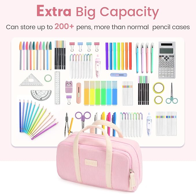 Sooez Large Pencil Case Pouch, Extra Big Pencil Bag with 5 Compartments, Pen Case Wide Opening, Soft Corduroy Pen Bag Organizer with Zipper, Cute Aesthetic School Supplies for Teen Girls, Pink