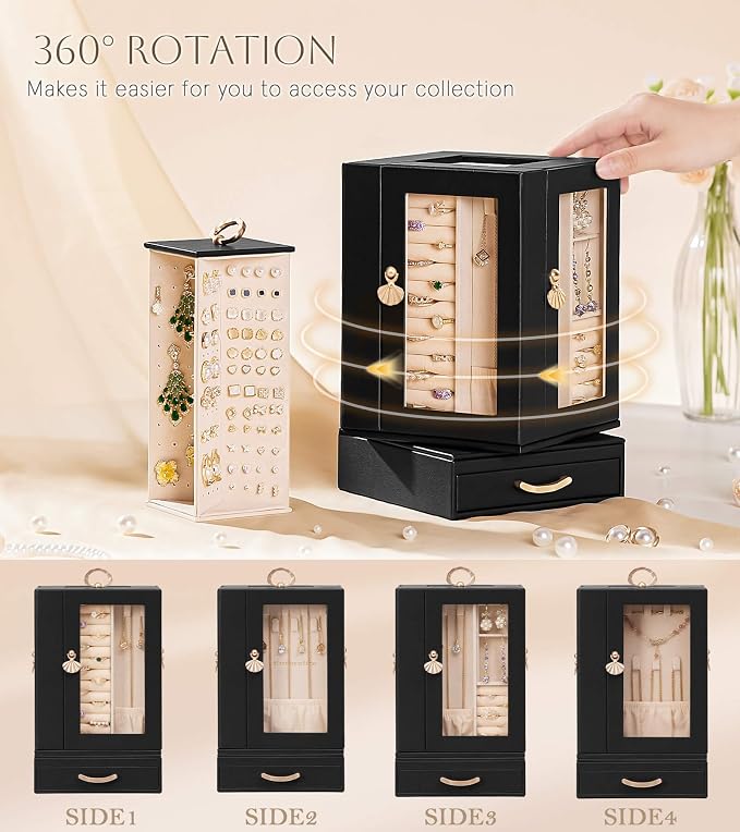 Enthralite Luxury Jewelry Box for Women: 360° Rotating with Clear Window | Compact Jewelry Storage with Drawer - Necklace Ring Organizer with Compartments - Elegant Earring Holder Display Great Gift
