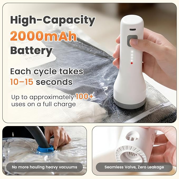 18 Pack Vacuum Storage Bags for Travel with Cordless Pump | 1.5s Hold to Start, 2000mAh Rechargeable, 100+ vacuum seals per charge, 60000Pa suction, for Luggage and Suitcase