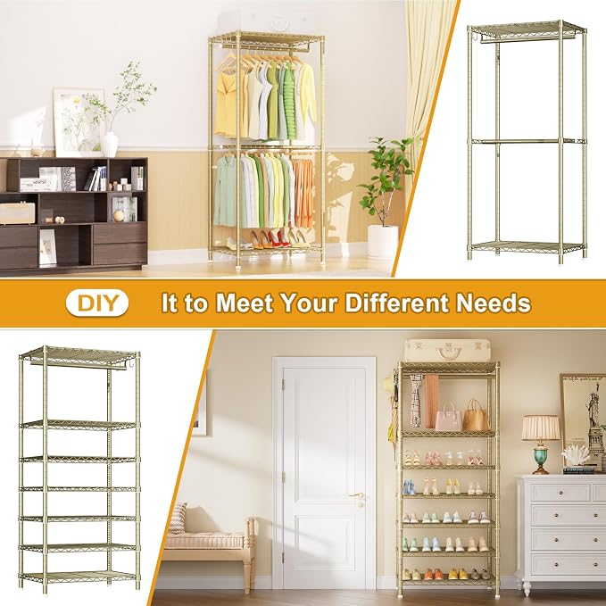 Ulif E13 Heavy Duty Clothes Rack（With 4 Hanger Rods & 8 Shelves） Freestanding Clothing Racks for Hanging Clothes，Adjustable Closet Organizer，Metal Garment Rack 63" W x16 D x77 H，Max Load 900LBS，Gold