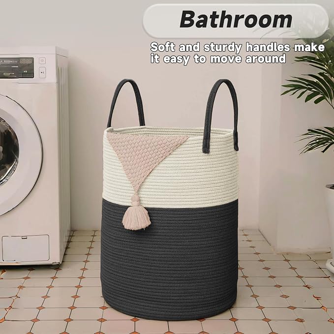 JMvicyroam Large Woven Laundry Basket Hamper,80L Cotton Rope Storage Bin for Blankets,Toys and Clothes,Decorative Tall Nursery Hamper for Living Room,Baby Nursery,Bathroom and Bedroom,White and Black