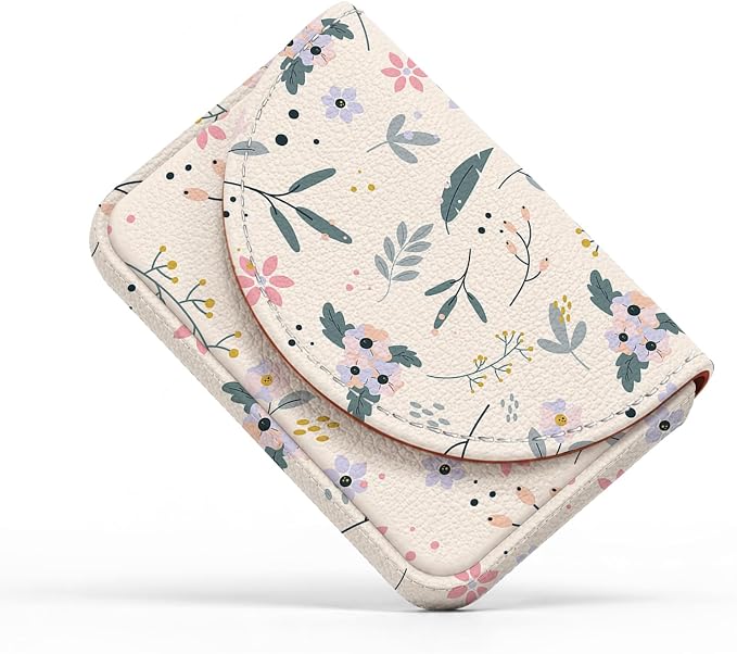 Business Card Holder，PU Leather Business Card Case Wallet Floral4 | Pocket Travel Name Card Case for Men and Women Gift，Portable Magnetic Business Card Carrier for Purse