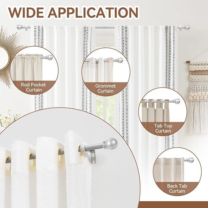 Silver Curtain Rod for Windows 66 to 120 Inch, 5/8 Inch Diameter Adjustable Curtain Rods With Brackets, Heavy Duty Easy to Install, Suitable for Bedrooms and Outdoor