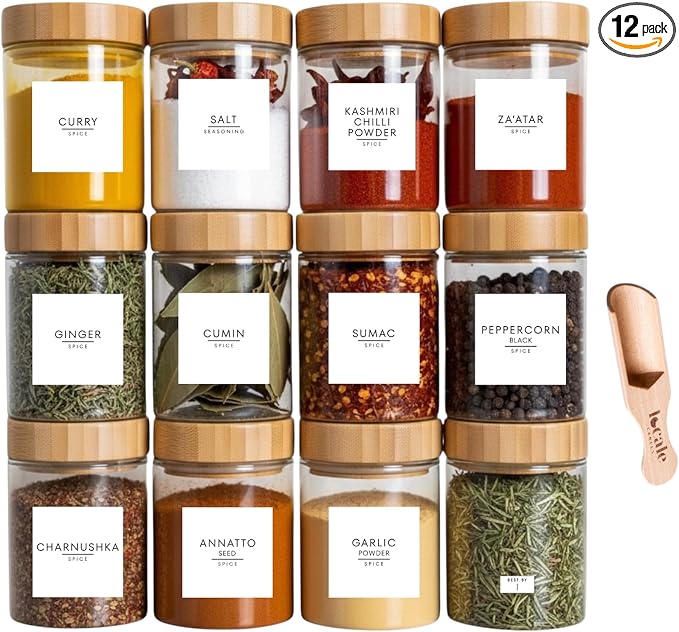 Glass Spice Jars & Labels- 8oz with Bamboo Lids - Spice Containers with 360 labels, Bamboo Lids & Measuring Spoons - Pantry Organization Storage Set for Spices Herbs Seasonings (12)
