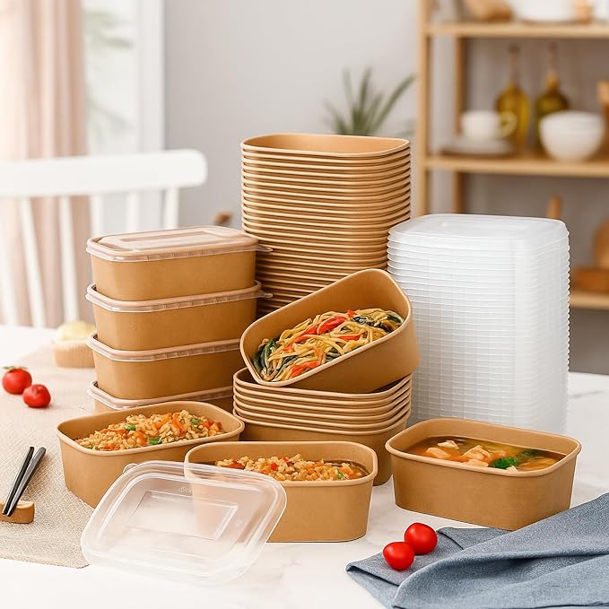 Maxdot 50 Pack 25 oz Disposable Food Containers with Lids Paper Food Containers Bowls for Meal Prep, Salad, Ice Cream, Yogurt, Soup Bowls Party Leftover Box