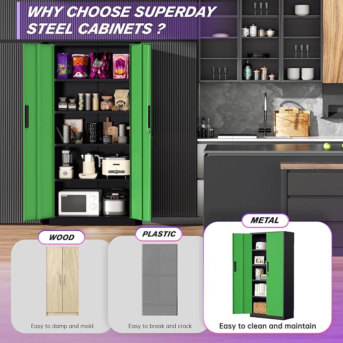 Superday Metal Storage Cabinets, 71" Storage Cabinet with Locking Door, Tall Garage Cabinet with 2 Doors and 4 Adjustable Shelves for Home Office, Classroom, Easy Assemble(Black Green)