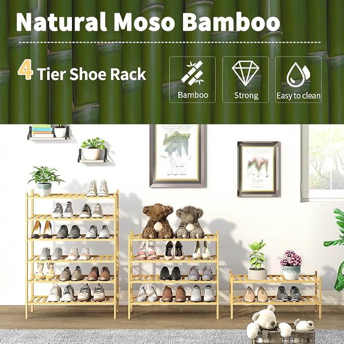4-Tier Bamboo Shoe Rack for Entryway, Stackable | Heavy Duty | Multi-Function, Free Standing Shoe Racks for Bedroom Hallway Closet