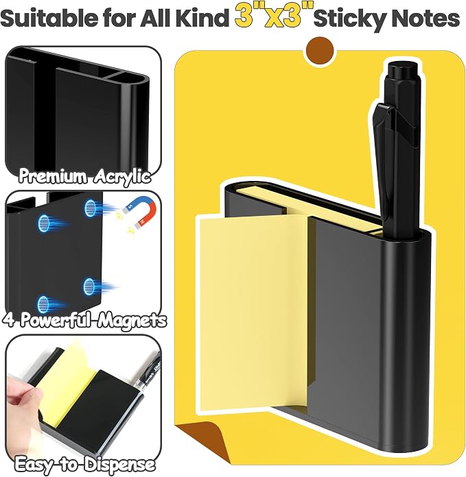 2Pack Acrylic Sticky Note Dispenser, Magnetic Sticky Note Holder for Post It Notes, 3 x 3 Inch Sticky Note Pen Organizer for Office Home Classroom, Black