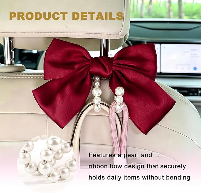 2 PCS Bow Pearl Car Seat Headrest Hook, Auto Rear Seat Hanging Organizer Elegant Pearl Decoration, Cute Bow Vehicle Interior Seatback Storage Hooks for Handbags Purses Groceries (Red)