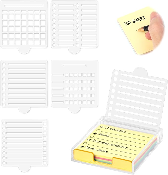 3" x 3" Sticky Notes Holder with 5 Different Stencil & 100 Sheet Post It Notes Clear Acrylic Self-Stick Sticky Note Dispenser Post It Note Holder Memo Organizer for Classroom Office Desk Organizer