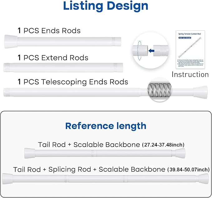 Tension Rod for Windows 28 to 48 Inch 4Pack Spring Curtain Rods No Drilling White Adjustable Curtain Rods Expandable Pressure Spring Tension Rod for Closet, Doorway