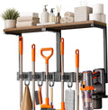 Large Broom Holder Wall Mount with Shelf, Vacuum Organizer, 5 Slots 5 Hooks | Black, 3-In-1 Wall Mount Stores Brooms/Mops/Vacuum, Cleaning Supplies With 5 Grippers/5 Hooks And A Sturdy Wooden Top Shelf