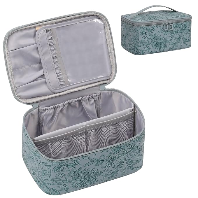 OCHEAL Makeup Bag for Women - Travel Cosmetic Organizer with Brush Slot & Divider, Large Capacity Toiletry Bag for Girls, Travel Makeup Case for everyday Make up Accessories -Blue Floral