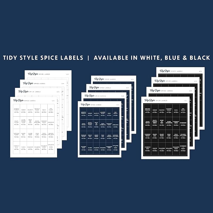 Spice Jar Labels – 89 Preprinted Waterproof Stickers, Minimalist Kitchen Seasoning Labels for Pantry Organization (White, Black, Navy)