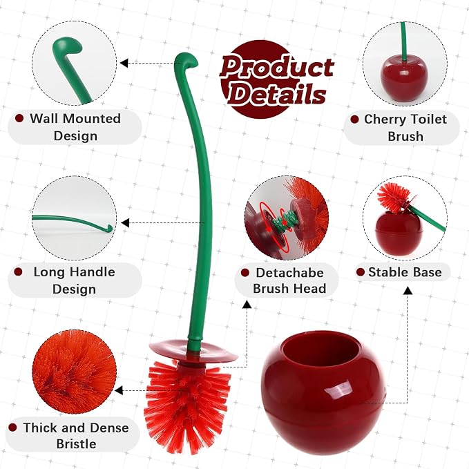 Creative Toilet Brush with Holder Bowl&Long Handle, Household Bathroom Cleaning Tool Cleaner and Base for Storage&Organization, Thick Bristle for Deep Clean-Rust Resistant Leakproof-Red Cherry Shape | Red Cherry Shape/ Household Bathroom Cleaner with B...
