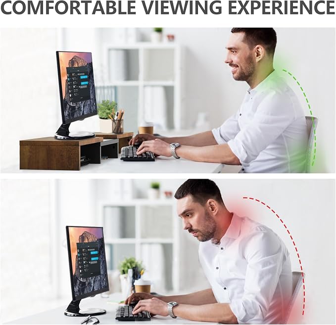 TAVR Dual Monitor Stand Riser, Wooden Computer Monitor Stand for 2 Monitors | Extra Long Multifunctional Desktop Organizer Riser for TV, PC Monitor, Laptop, Printer, Max 43.3" Length, Rustic Brown