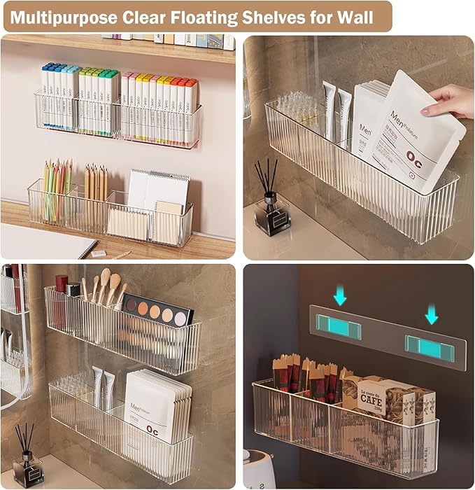 2 Pack Wall Mount Marker Organizer,Art Caddy Floating Makeup Organizer,Clear Floating Shelves Acrylic Wall Storage for Office,Medicine Cabinet Door Organizer and Storage,No Drill