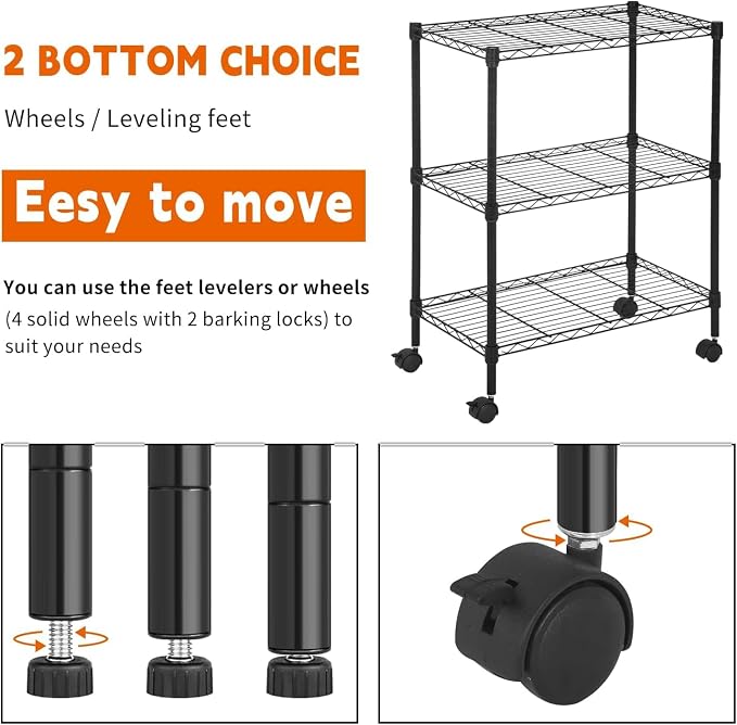 3-Tier Metal Wire Shelving Unit with Wheels, Heavy Duty Adjustable Storage Rack (450 lbs Capacity), Small Utility Organizer for Kitchen Pantry, Garage, Laundry Room, 23"W x 13"D x 31.3"H