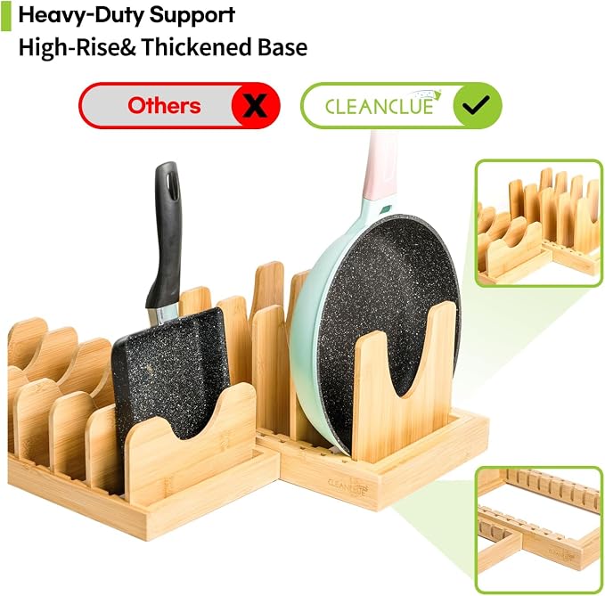 Pots and Pans Organizer under Cabinet, Bamboo Expandable Bakeware and Cutting Board Organizers, Adjustable Pot Lids Holder Rack, Cookie Sheet Baking Pan, Tray Organizer for Kitchen Storage (Natural)