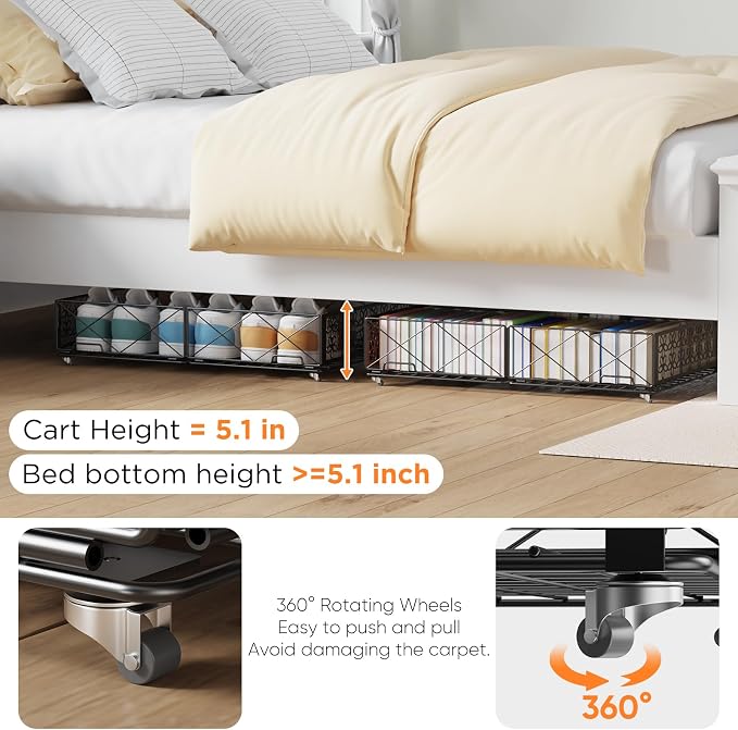 Under Bed Storage with Wheels, Rollable Under Bed Storage Container, Foldable Metal Under Bed Organizer for Bedroom Clothes Shoes Blankets Storage (2black, Black)