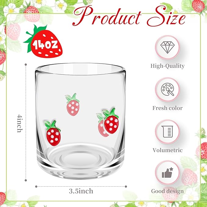 14 Ounce Icon Juice Glasses, Aesthetic Cocktail & Old Fashioned Drinking Glasses, Iconic Clear Glass Cups for Women, Sister, Friend & Party Gifts (Strawberry)
