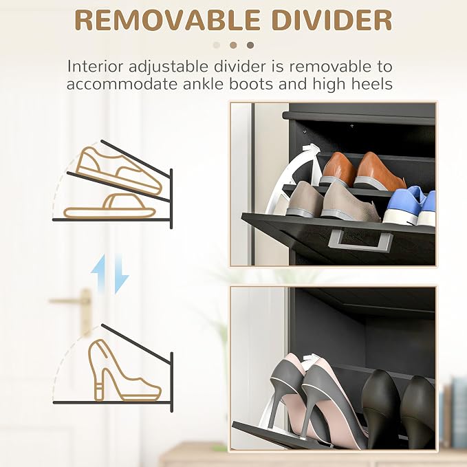 HOMCOM Narrow Shoe Cabinet with 2 Flip Drawers, Modern Freestanding Shoe Storage Cabinet with Adjustable Shelves for Entryway, Hallway, Black