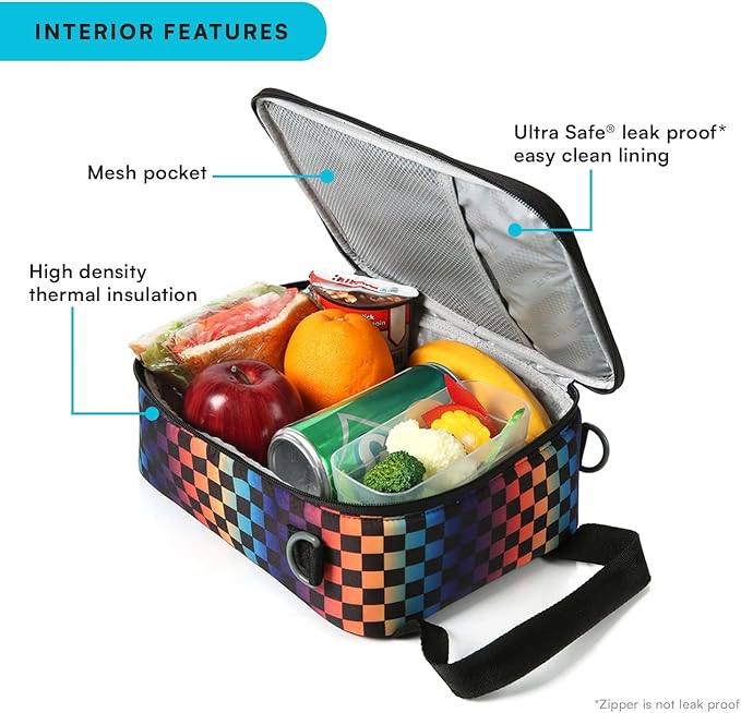 Arctic Zone Urban Lunch Box Combo for Kids with Gel Ice Pack and Sandwich Container, Insulated Bag for Travel Lunch with Adjustable Strap, Checkered