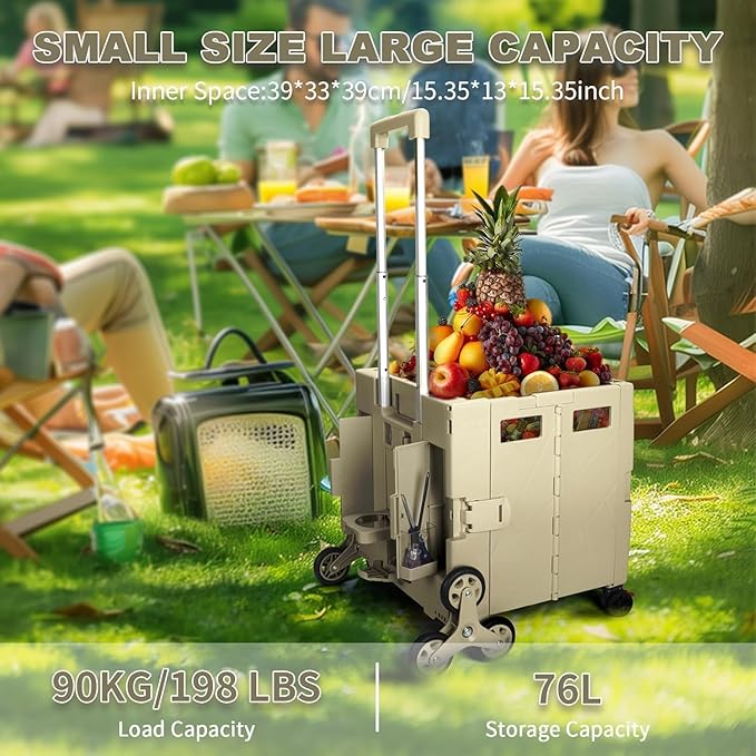 FELICON Folding Climber Utility Cart Rolling Crate Tote on Rotate Wheels with Adjustable Handle Hidden Lid Cup Holder Storage Toolbox for Teacher Office File Move Shop Travel Laundry Grocery(Coffee)