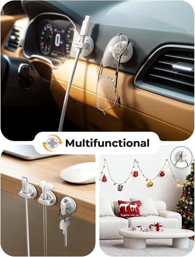 12-Pack Rotatable Cord Holder for Nightstand, LISEN 360°Rotating Magnetic Clips, No-Residue Strong Adhesive Cord Organizer for Desk, Phone Cord Holder for Home, Car, Office Desk Accessories, White