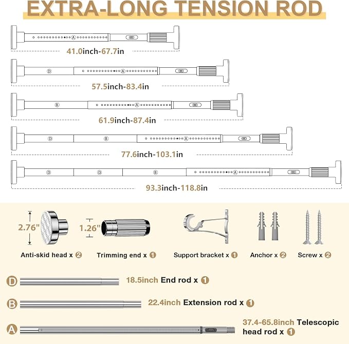 Silver Tension Curtain Rod 41-118In(4-9Ft), Outdoor Curtain Rod No Drilling for Window or Patio,Heavy Duty Shower Rod for Bathroom,Rod Diameter 1.26In-One-bond stretching