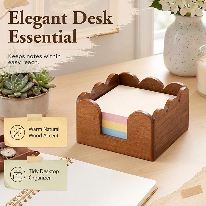 AceOrbit Scalloped Wooden Sticky Note Holder, 3x3 Inch Cute Notepad Holder Sticky Note Dispenser with Wave Design, Thick Desk Organizer for Office, Home, Dorm, Classroom Desk