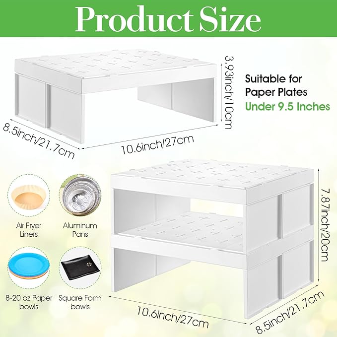 2 Pcs Paper Plate Dispenser and Paper Bowl Dispenser, Space-Saving Plastic, Foam, Disposable Plate and Bowl Organizer, Stackable Kitchen Organizer for Cabinet, Countertop, Shelf (White)