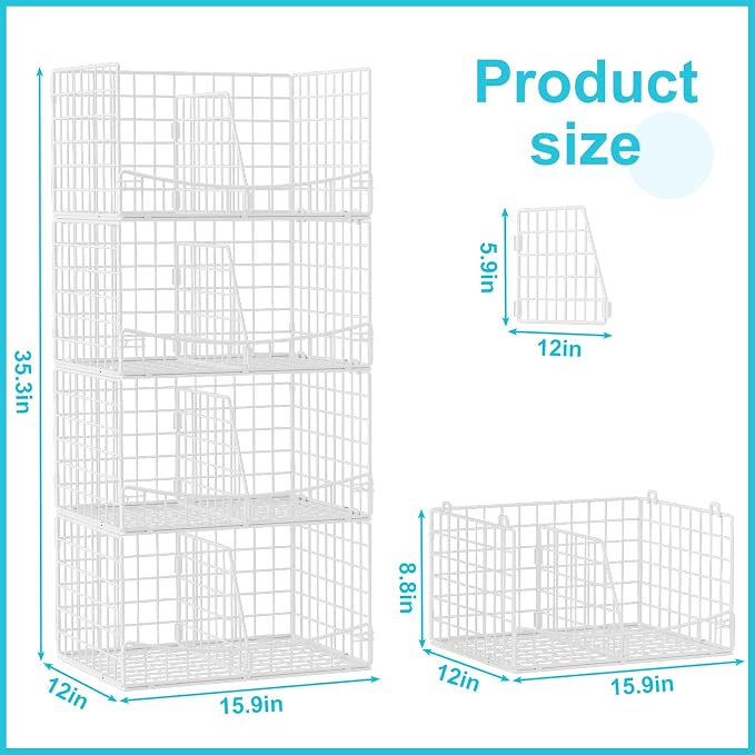 Hongtamoya 4-Tier Closet Organizers and Storage Basket with Divider, Foldable Closet Shelf Organizer System, Space-Saving Clothes Storage Drawer Organizer Bins for Wardrobe Cupboard, White