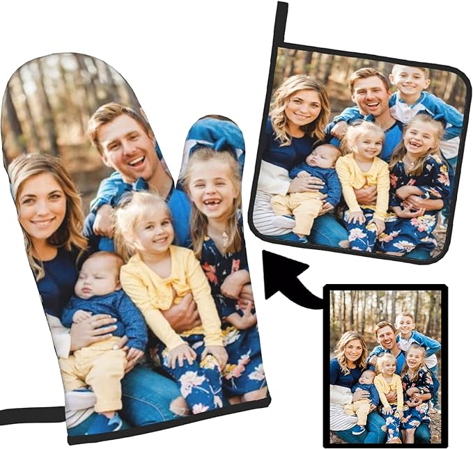 Custom Oven Mitts and Pot Holders Personalized with Your Face, Baking Gifts for Women for Kitchen Cooking, BBQ, Grillin-Style3, 1 Oven Mitts+ 1 Pot Holders