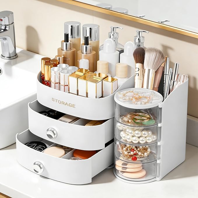 XIAPIA Makeup Organizer Countertop, Make Up Organizer for Vanity | Skincare & Cosmetic Organizers with Drawers, Bathroom Storage for Brush Holder|Lipstick|Jewelry, Ideal Gift for Women, White