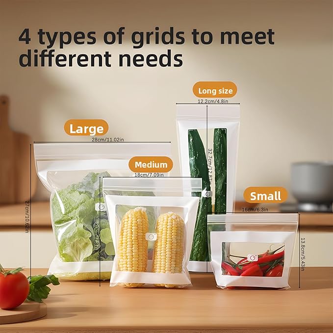 Kitchen Food Grade Fresh Keeping Bags, Reusable Sealed Bags for Vegetables & Fruits, Clear Plastic Storage Bag for Refrigerator, Dual Interlocking Seal (Combination, 85counts)