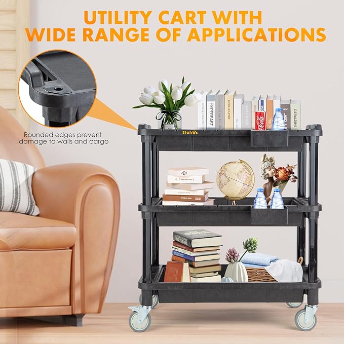 ELAFROS 3-Shelf Heavy Duty Rolling Utility Cart, 32.4 x 18.3 in | Multi-Use Service Tool Cart, 500 lbs Capacity, Deep Shelves, Industrial-Grade Plastic Cart, Mobile Work Organizer