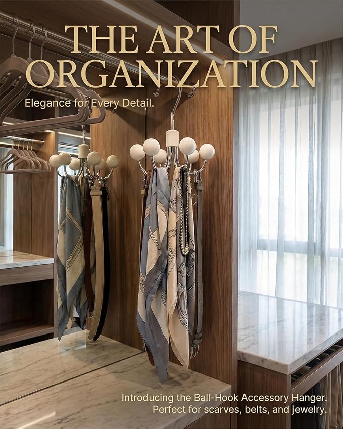 2 Pack Hoodie Hangers 360° Swivel Hooks with Wood Balls for Storage, White | Hanging Closet Hat Purse Tanktop Handbag Necklace Organizer Bra Hanger and Storage Save Space